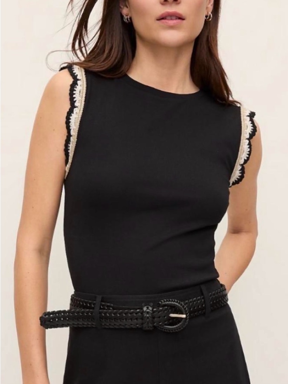 Ann Taylor Black Sleeveless Knit Top with Cream Knit Trim